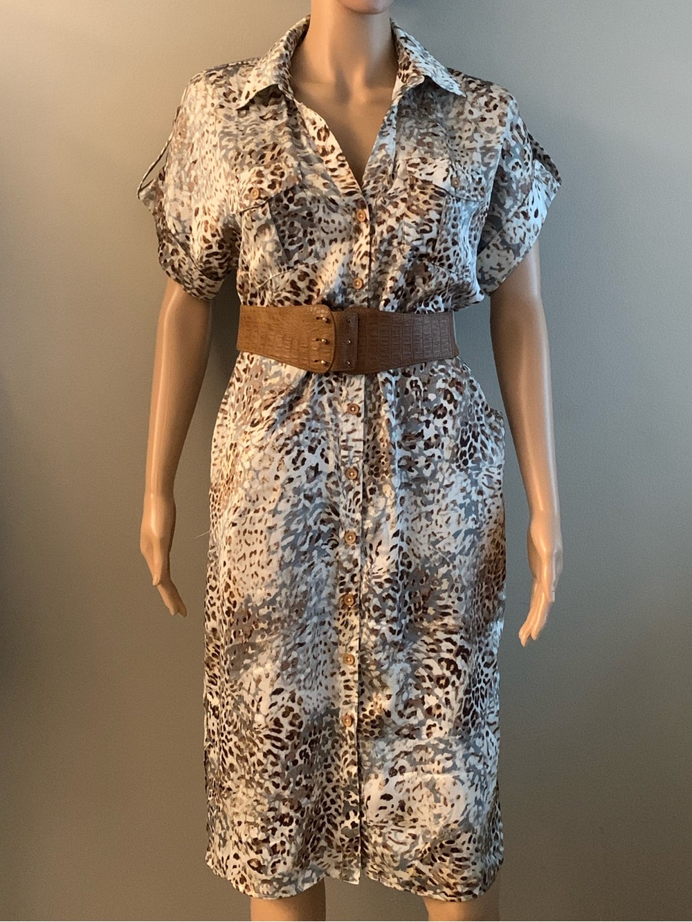 Button-Front Midi Shirt Dress in Brown & White Animal Print